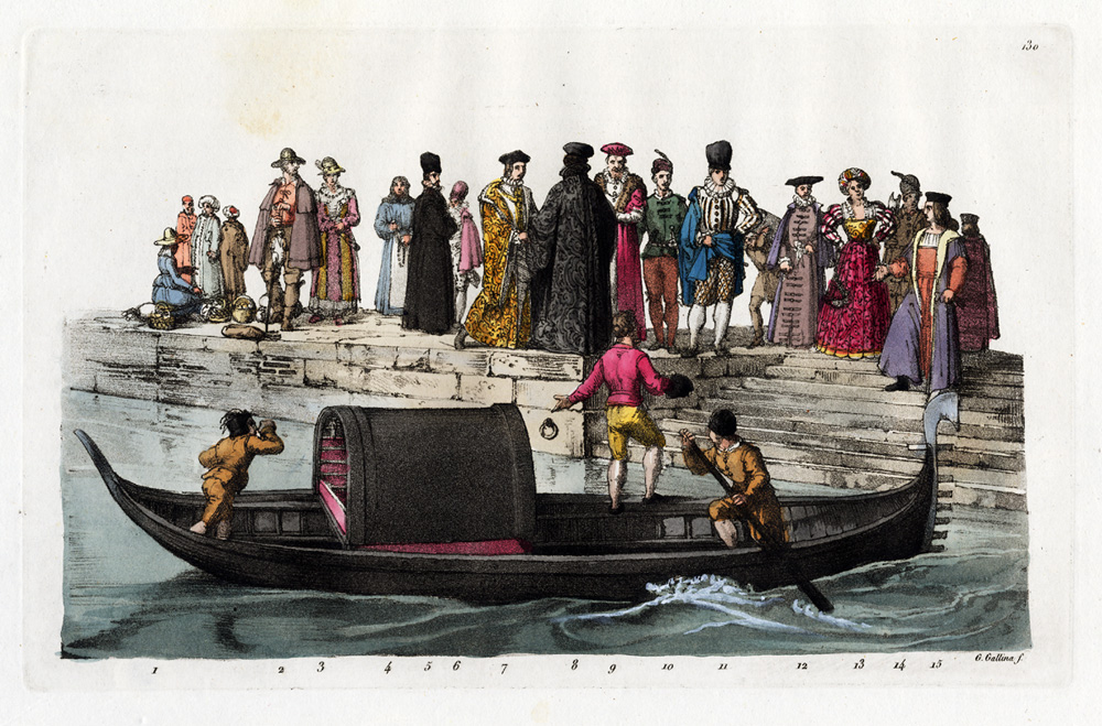 , Antique Print-GONDOLA-16TH C DRESS-VENICE-ITALY-Gallina-Ferrario-1827, Pictura Antique Prints