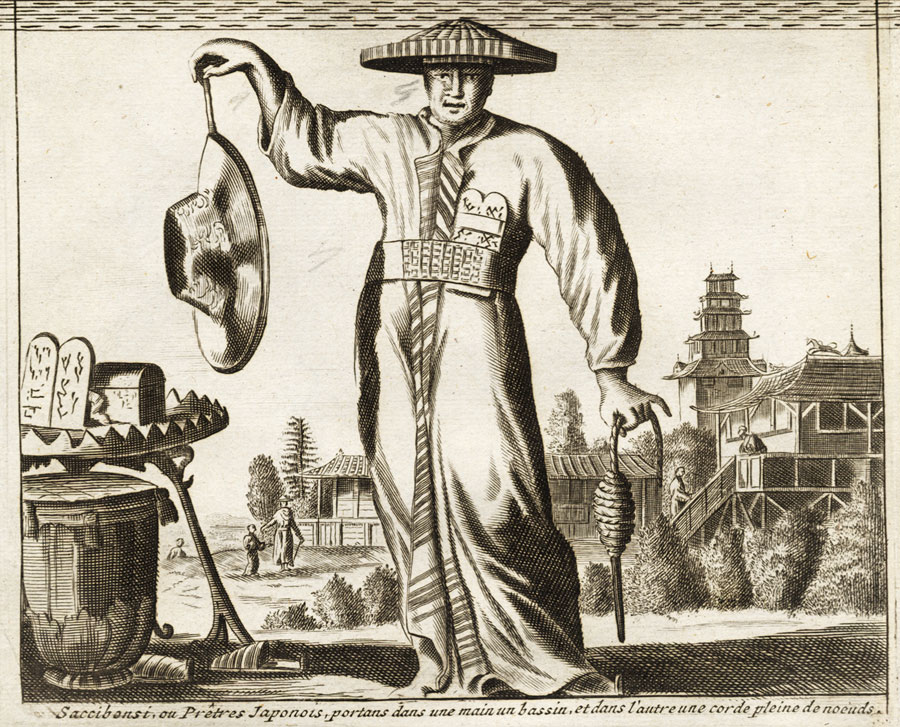 , Rare Antique Map-JAPAN-COSTUME-PRIEST-TEMPLE-HERMIT-Montanus-van der Aa-1725, Pictura Antique Prints