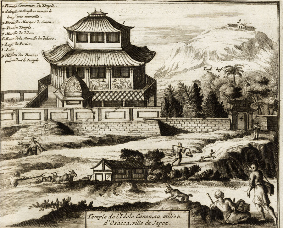 , Rare Antique Map-JAPAN-TEMPLE-IDOLS-TORANGA-OSAKA-XACA-Montanus-van der Aa-1725, Pictura Antique Prints