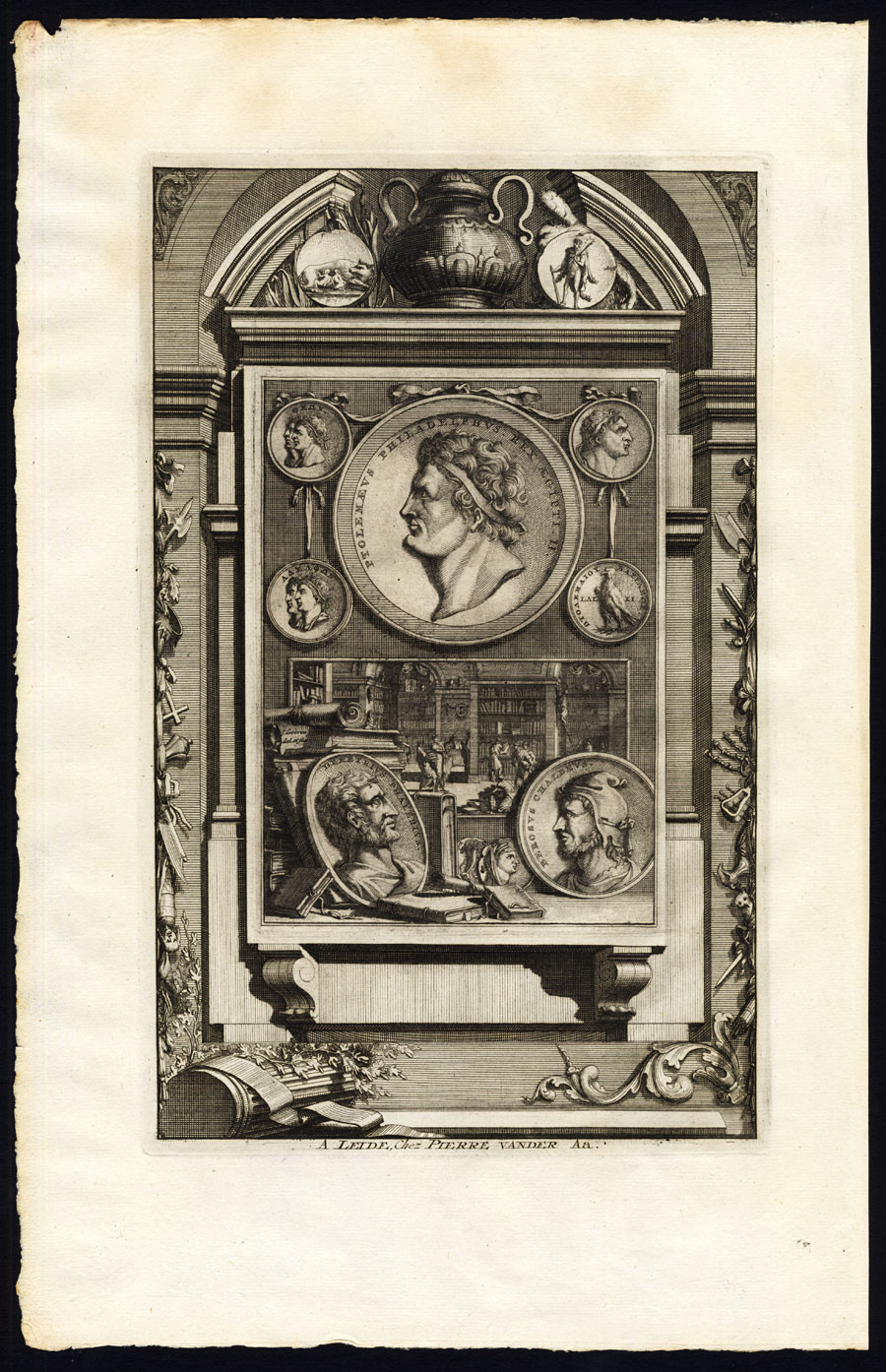 , Rare Antique Print-EGYPT-PTOLEMY II PHILADELPHUS-LIBRARY-Pieter van der Aa-1725, Pictura Antique Prints