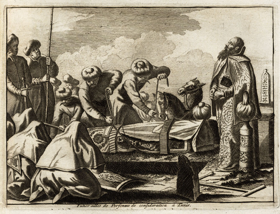 , Rare Antique Print-FUNERAL-AFRICA-TUNIS-TUNISIA-COSTUME-Pieter van der Aa-1725, Pictura Antique Prints