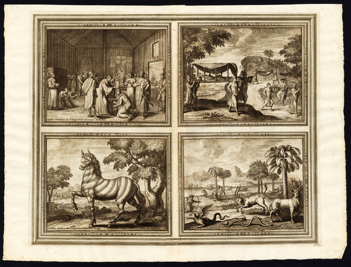 , Rare Antique Print-BAPTISM-CONGO-TRAVEL-ZEBRA-ELEPHANT-SNAKE-Van der Aa-1725, Pictura Antique Prints