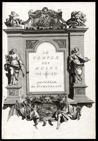 Antique Mythology Print-FRONTISPIECE-TEMPLE-SINGING-GODESSES-Picart-1733
