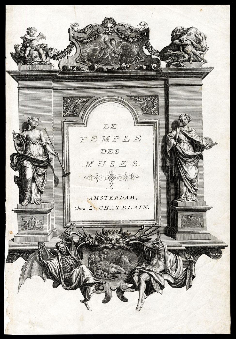 , Antique Mythology Print-FRONTISPIECE-TEMPLE-SINGING-GODESSES-Picart-1733, Pictura Antique Prints