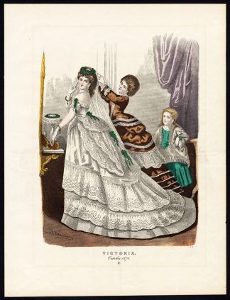Antique Costume Print--VICTORIAN WEDDING DRESS-Plate 1612-Victoria-Neumann-1875
