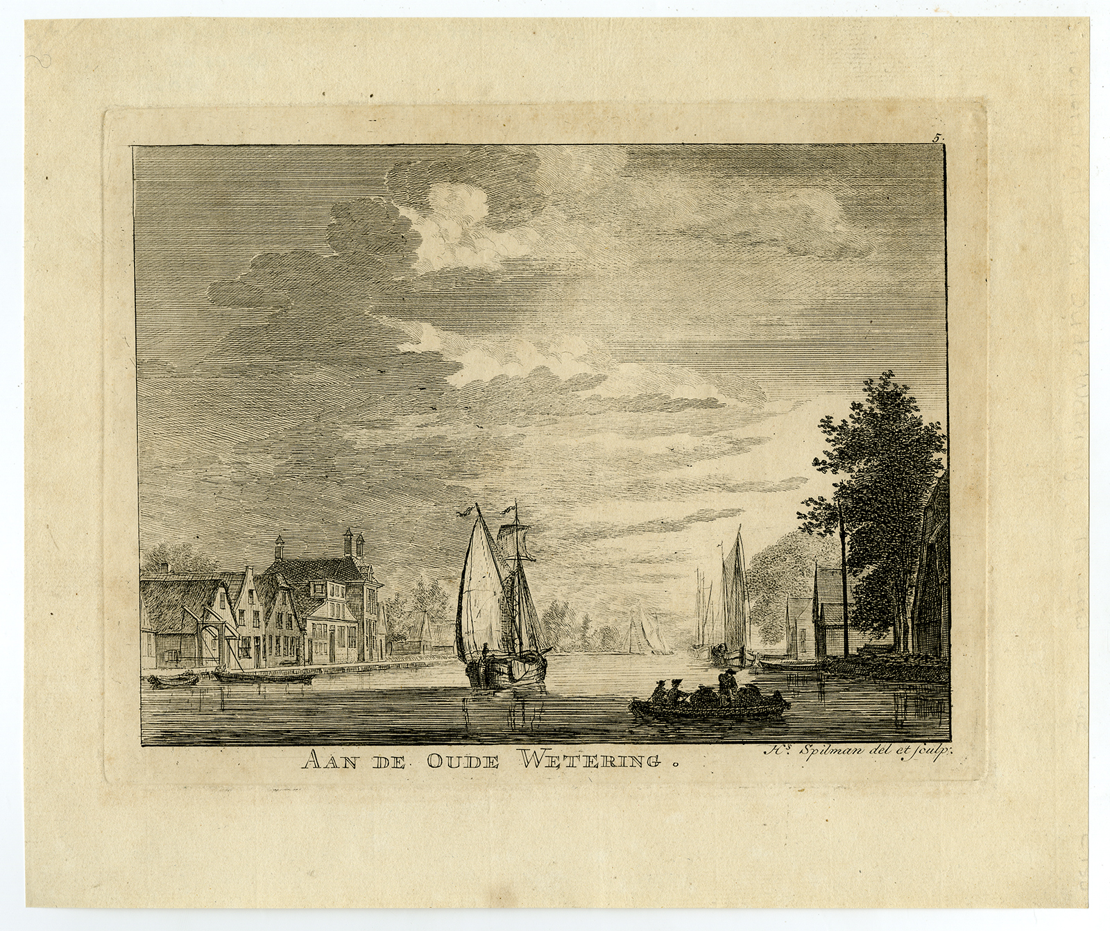 , Rare Antique Print-VIEW OF OUDE WETERING-SAILING SHIPS-Spilman-ca. 1760, Pictura Antique Prints