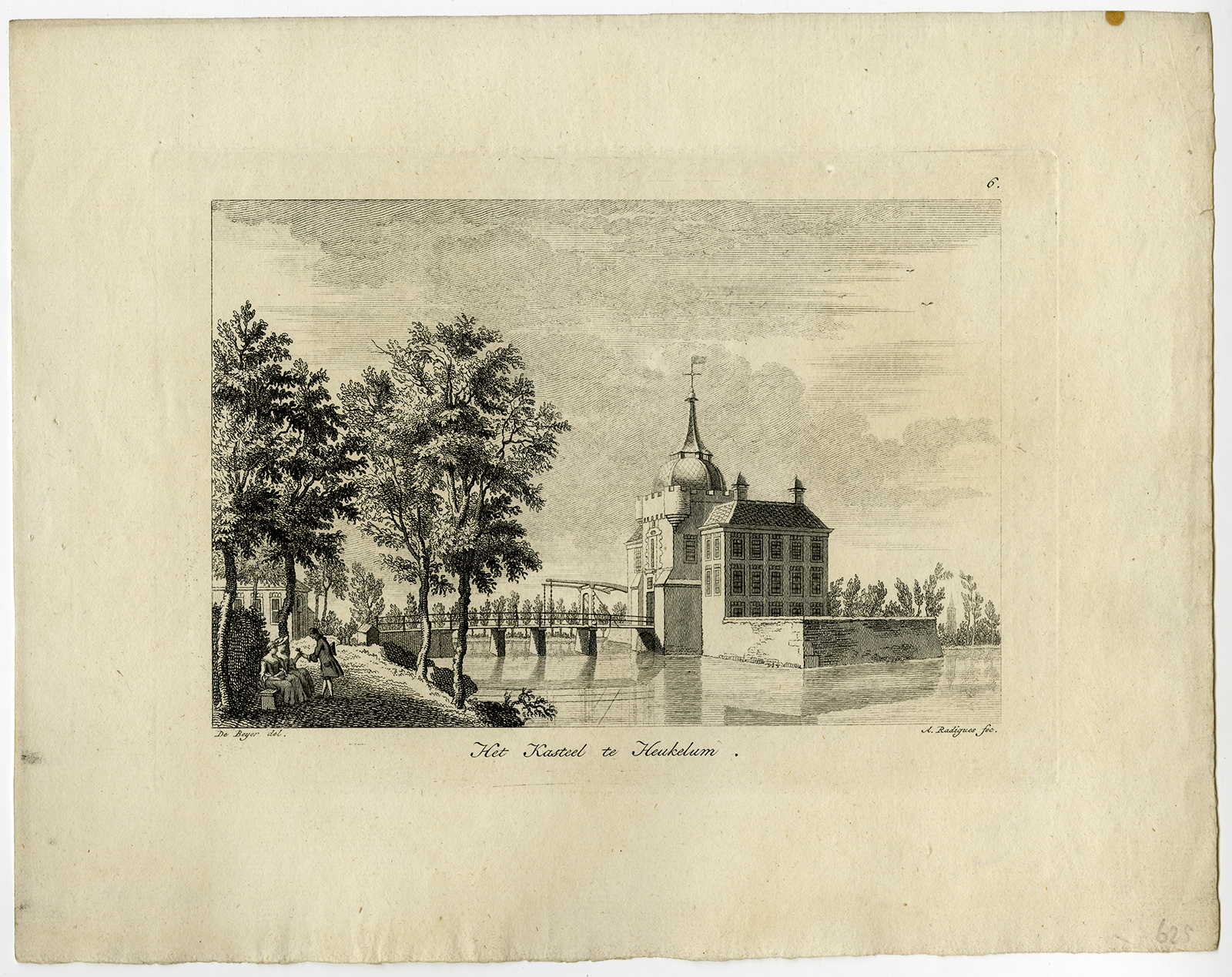 , Rare Antique Print-VIEW-HEUKELUM CASTLE-de Beijer-Radigues-ca. 1760, Pictura Antique Prints