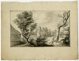 Antique Drawing-LOGGERS-VILLAGE-TREE-Anonymous-ca. 1800