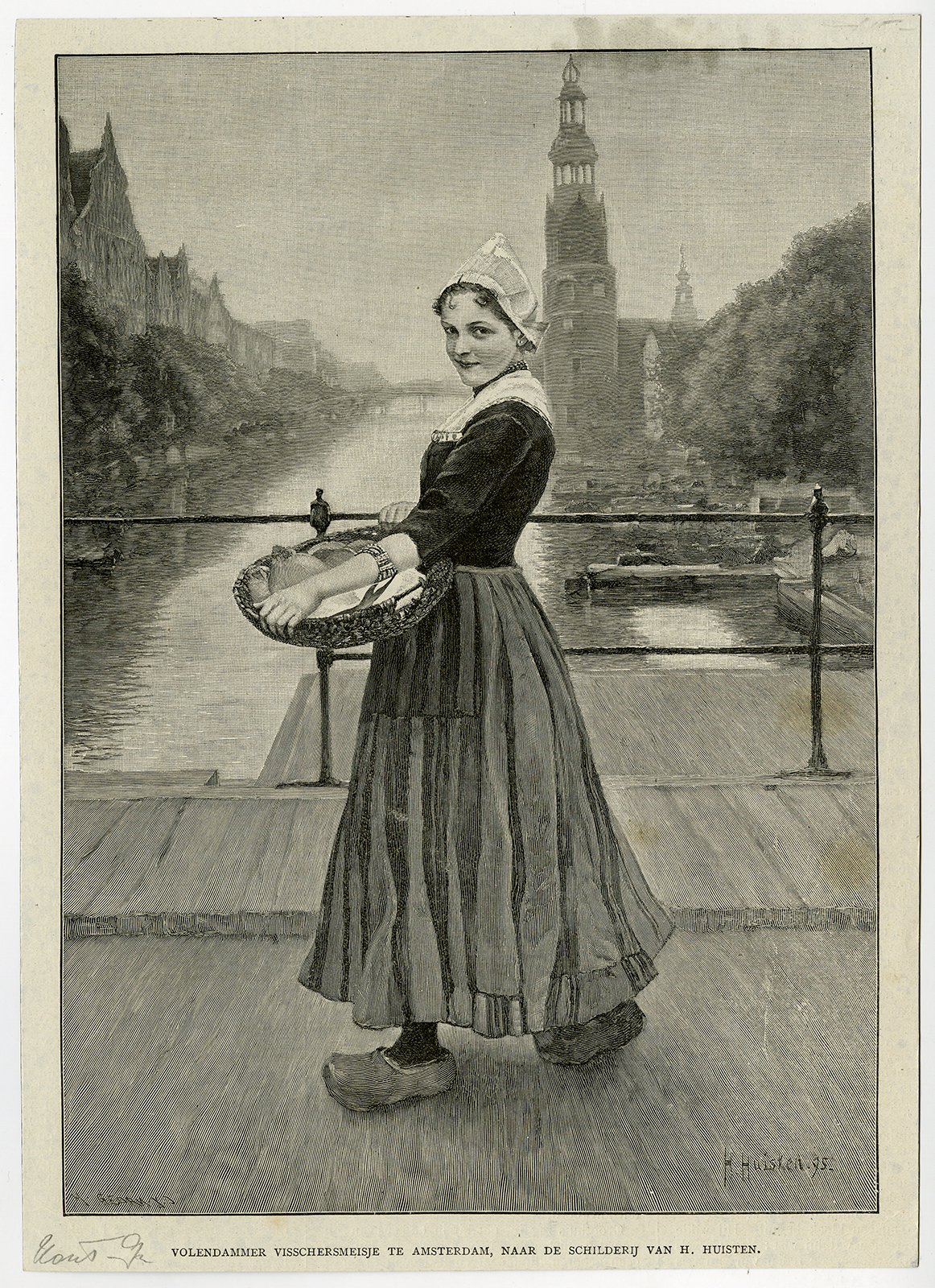 , Antique Print-COSTUME-FISHER GIRL-VOLENDAM-AMSTERDAM-MUNTTOREN-Huisten-1895, Pictura Antique Prints