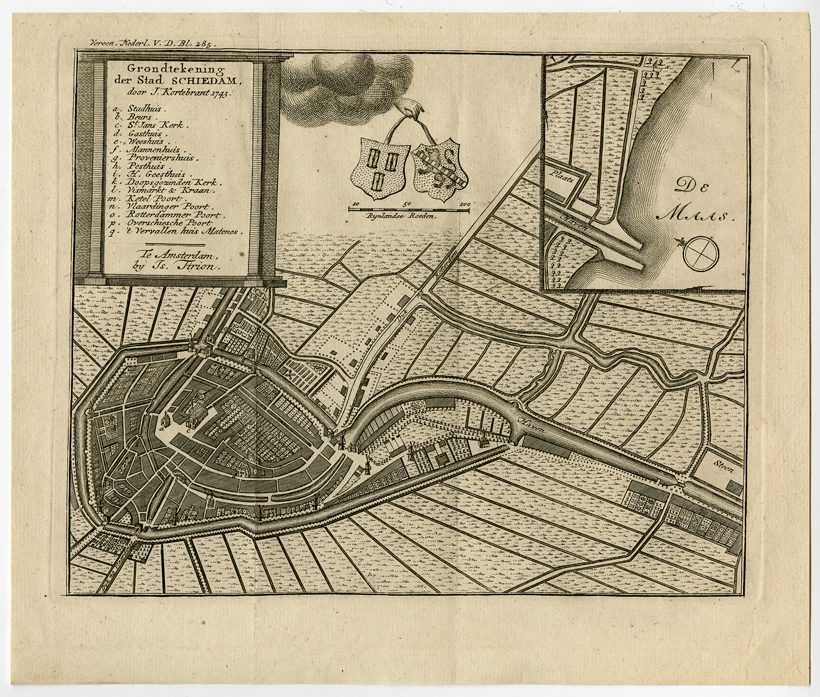 , Antique Print-SCHIEDAM-ZUID HOLLAND-NETHERLANDS-Kortebrand-Tirion-ca. 1760, Pictura Antique Prints