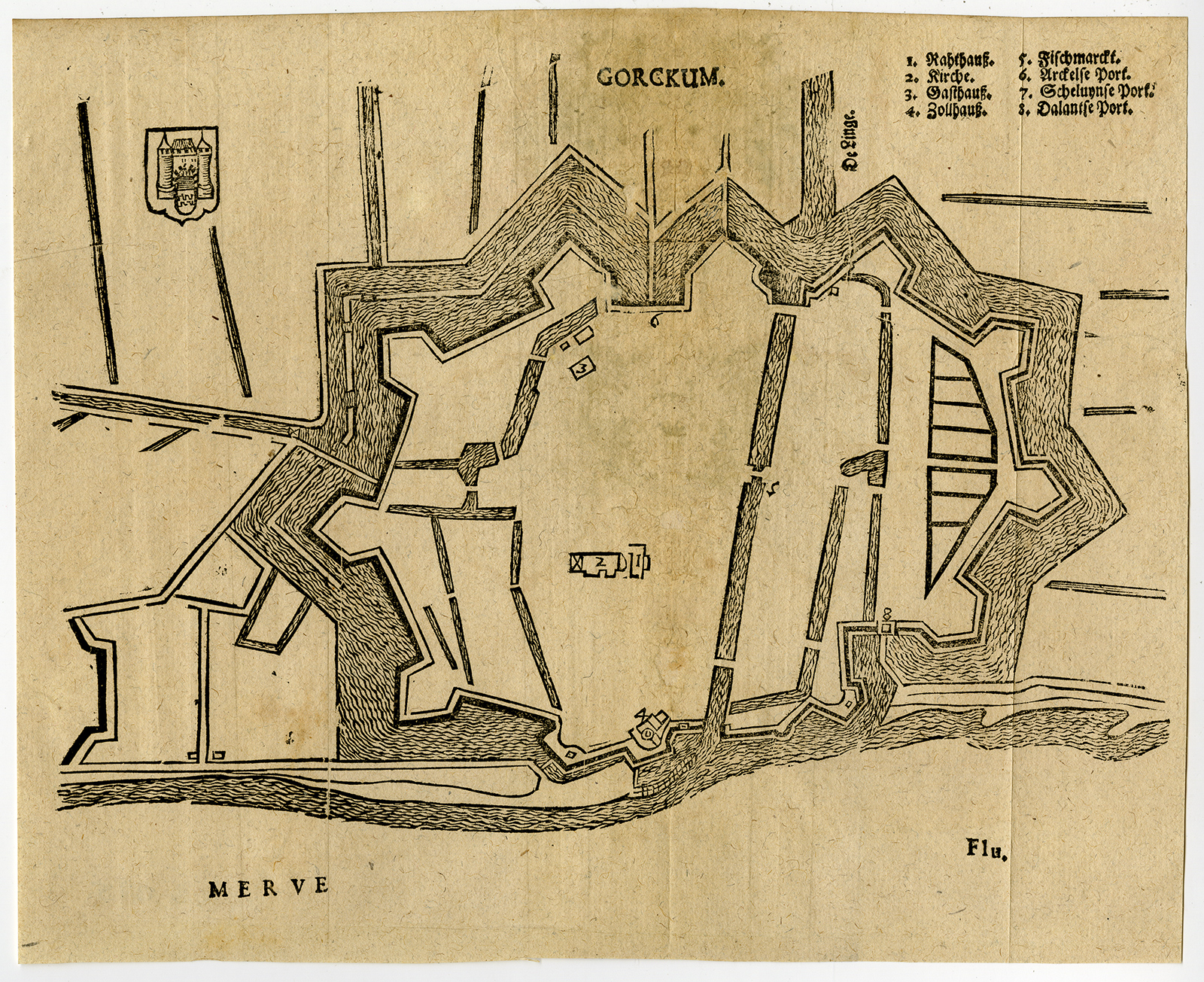 , Rare Antique Print-GORINCHEM-GORCUM-FORTIFICATION-HOLLAND-Merian-Serlin-1672, Pictura Antique Prints