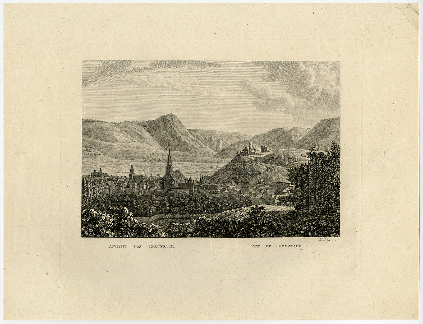 , Antique Print-VIEW-BAD KREUZNACH-GERMANY-Hess-ca. 1820, Pictura Antique Prints