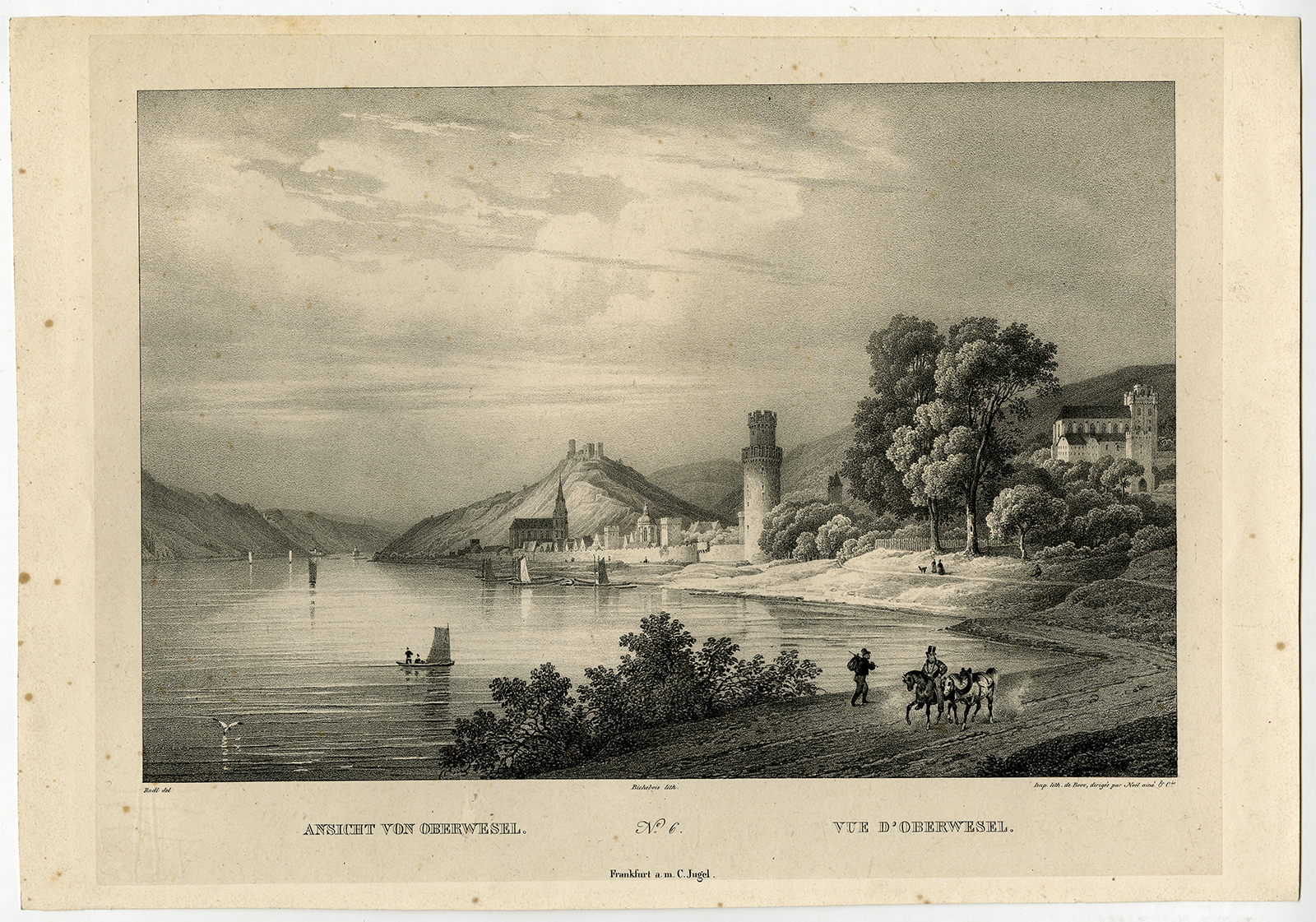 , Antique Print-VIEW-OBERWESEL-RHINE-RHEIN-GERMANY-Radl-Bichebois-ca. 1830, Pictura Antique Prints
