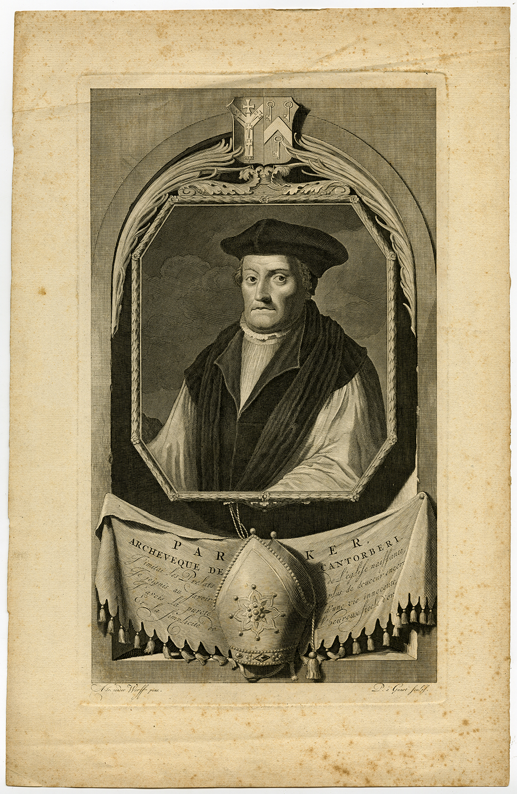 , Antique Print-PORTRAIT-MATTHEW PARKER-ARCHBISHOP-CANTERBURY-Werff-Gunst-Ca. 1690, Pictura Antique Prints