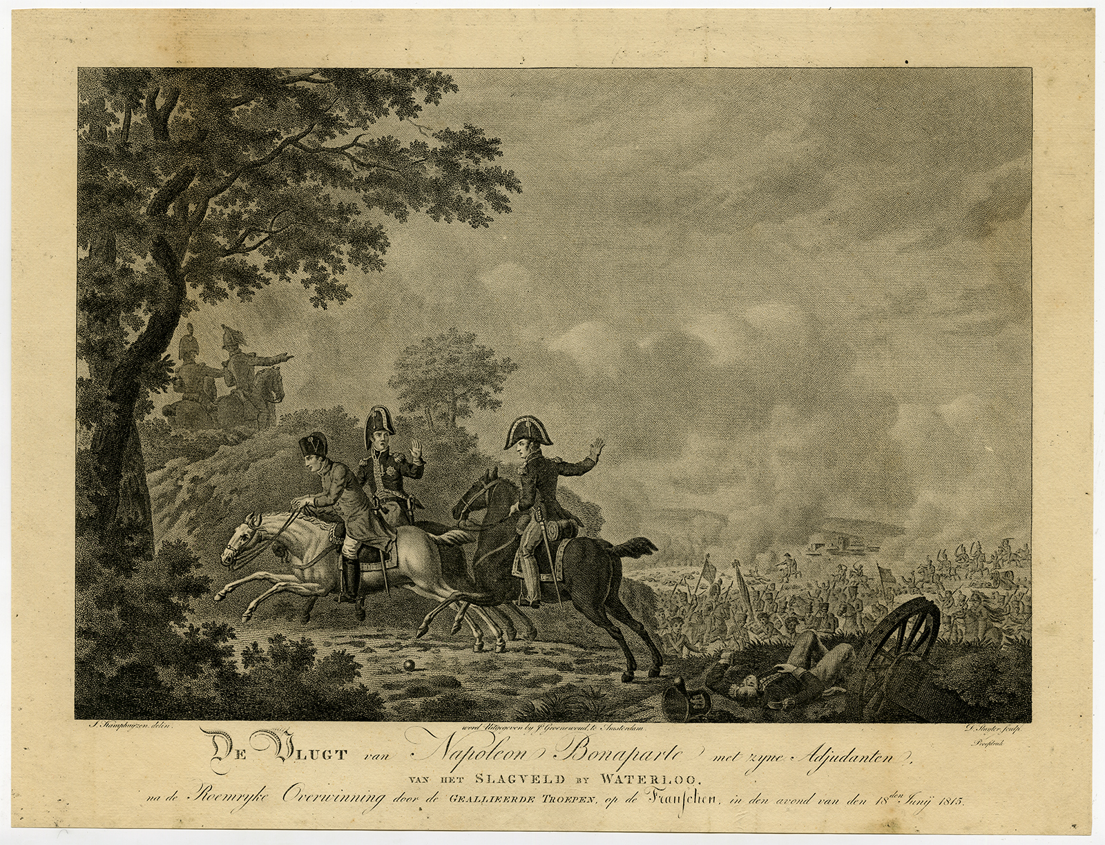 , Rare Proof- Antique Print-WATERLOO-NAPOLEON-FLIGHT-Kamphuysen-Sluyter-ca. 1845, Pictura Antique Prints