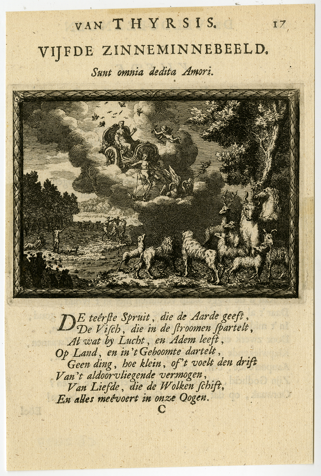 , Antique Print-EMBLEM-LOVE-CLOUD-ANIMAL-PL. 5-Mylius-1702, Pictura Antique Prints