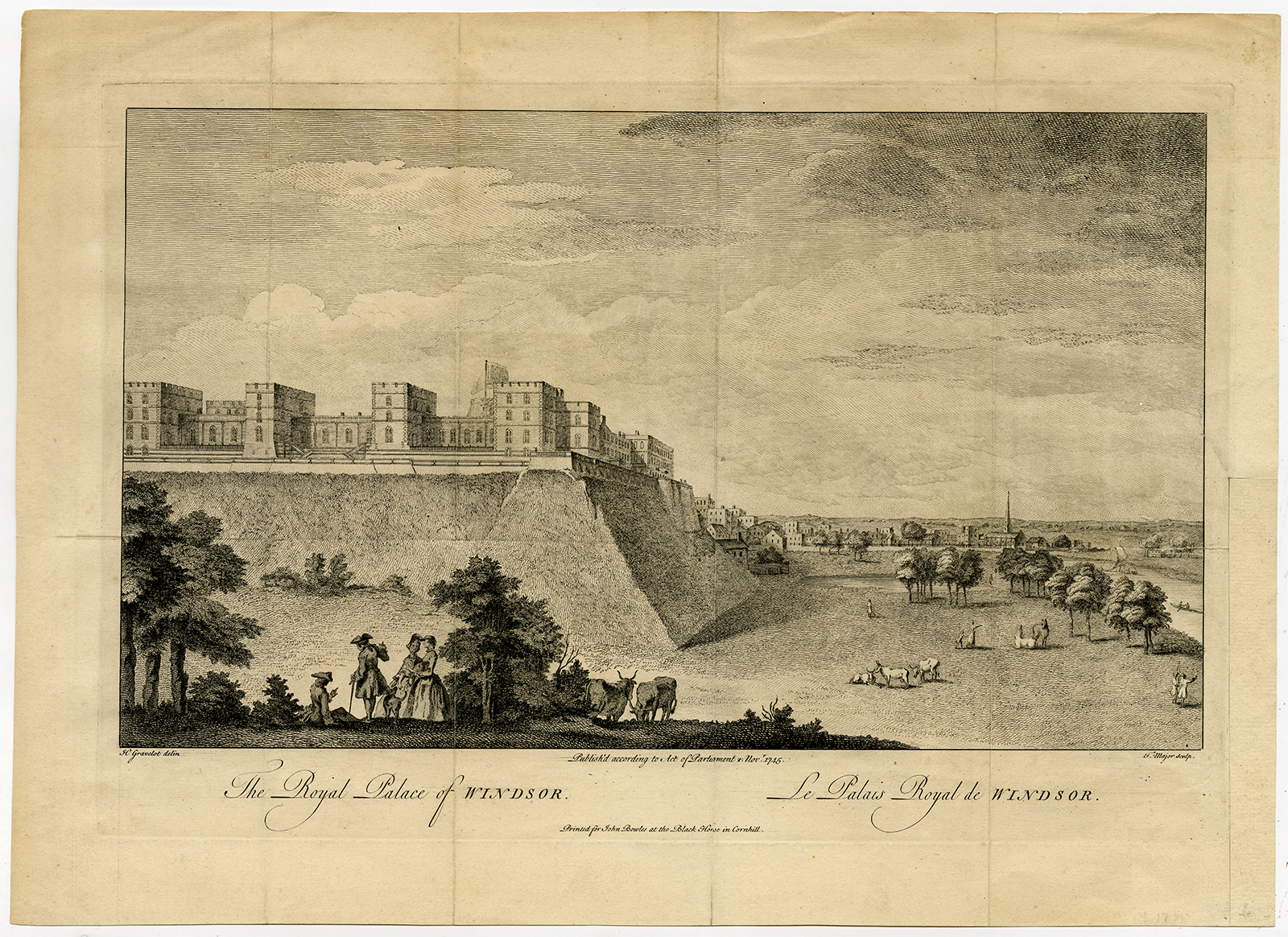 , Antique Print-WINDSOR CASTLE-ROYAL RESIDENCE-LONDON-Gravelot-Major-1745, Pictura Antique Prints