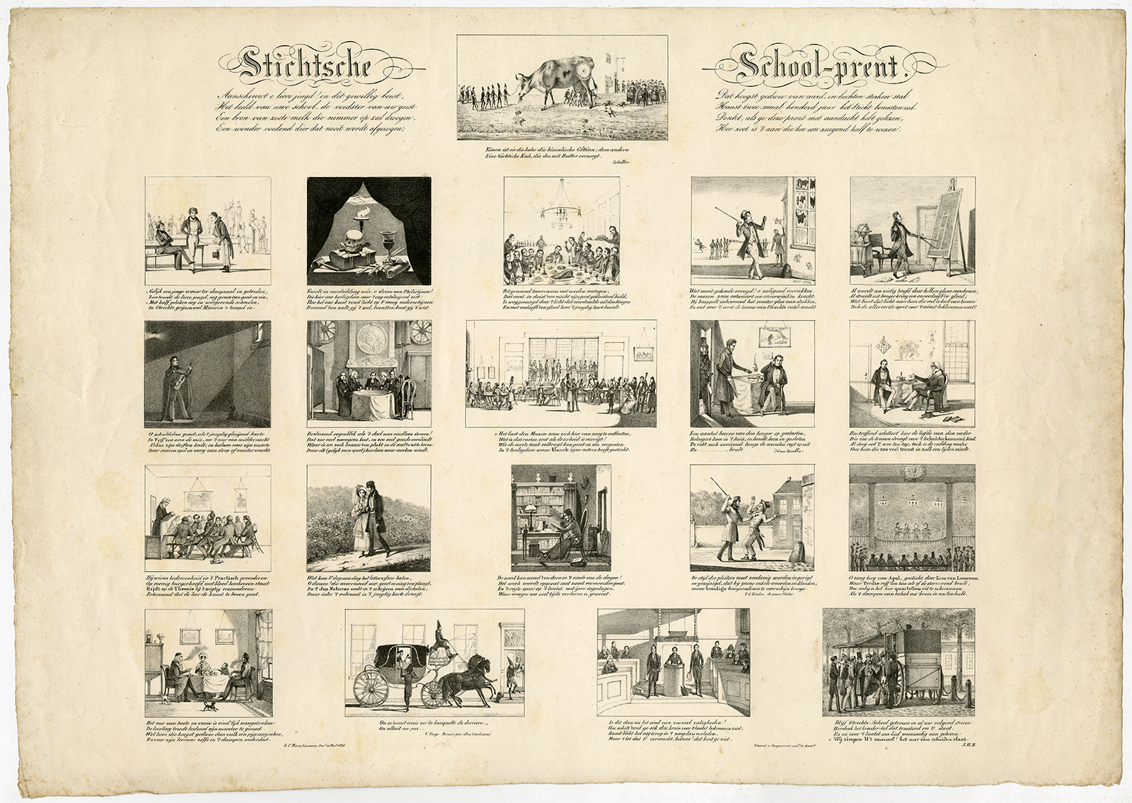, Rare Antique Print-ALLEGORY UTRECHT UNIVERSITY-STUDENT LIFE-Siccama-1835, Pictura Antique Prints