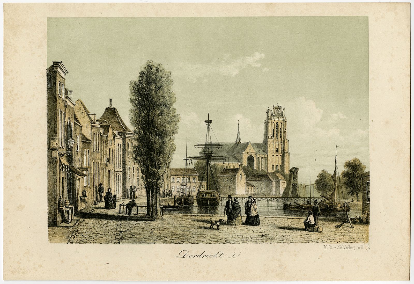 , Antique Print-DORDRECHT-HARBOR-GROTE KERK-Mieling-ca. 1845, Pictura Antique Prints