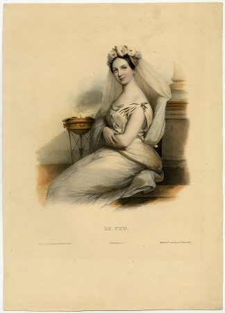 Antique Print-PORTRAIT-ENCHANTING LADY-ROSES-FIRE-LE FEU-Lemercier-ca. 1840