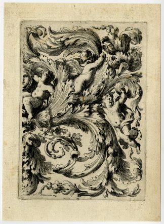 Antique Print-ORNAMENT-PANEL-THREE PUTTI-Le Pautre?-ca. 1660
