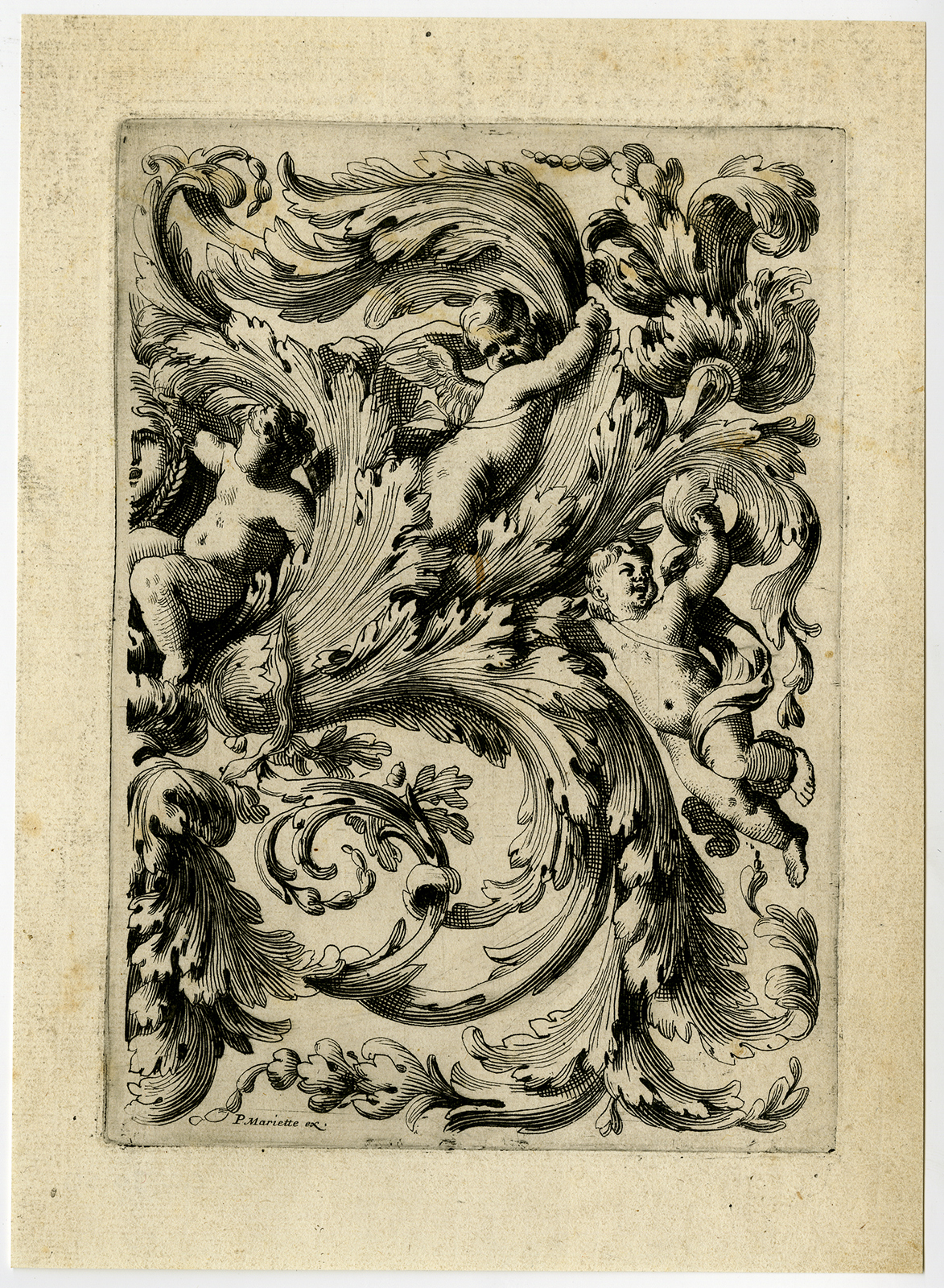 , Antique Print-ORNAMENT-PANEL-THREE PUTTI-Le Pautre?-ca. 1660, Pictura Antique Prints