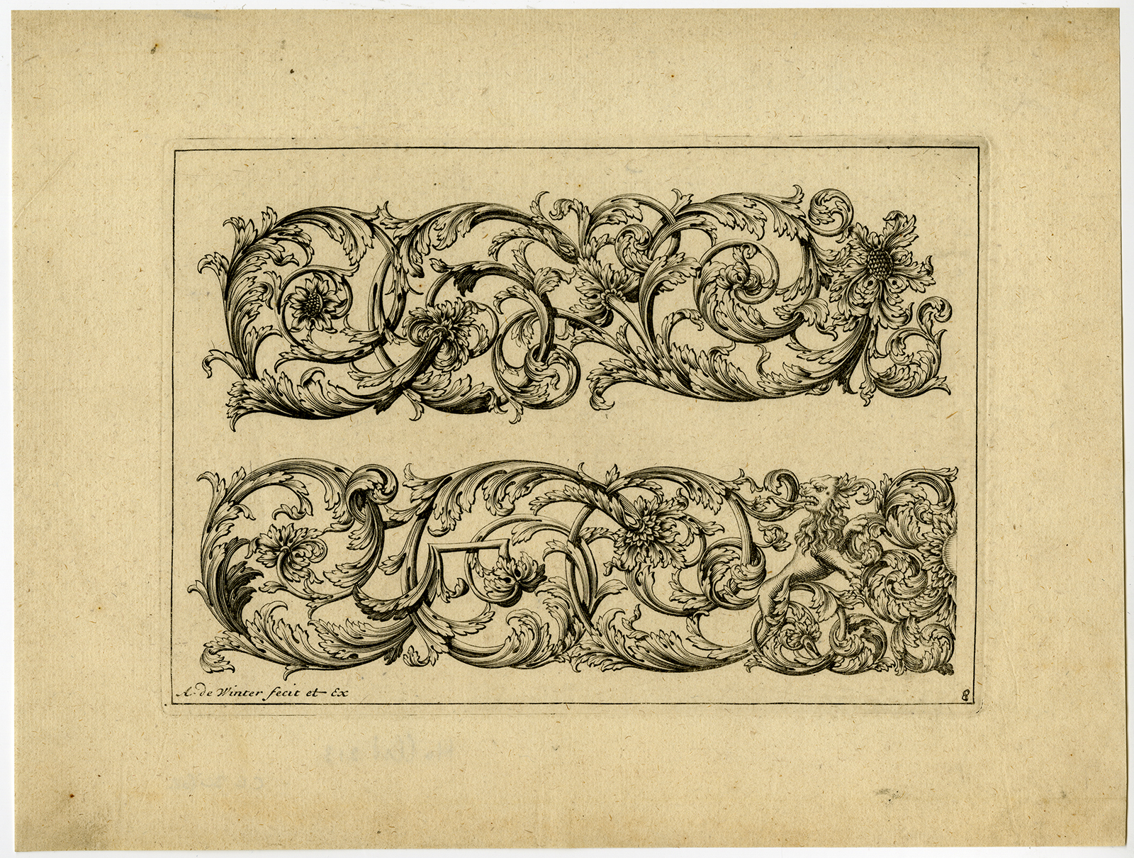 , Rare Antique Print-ORNAMENT-GOLDSMITH-DESIGN-8-Winter-1696, Pictura Antique Prints