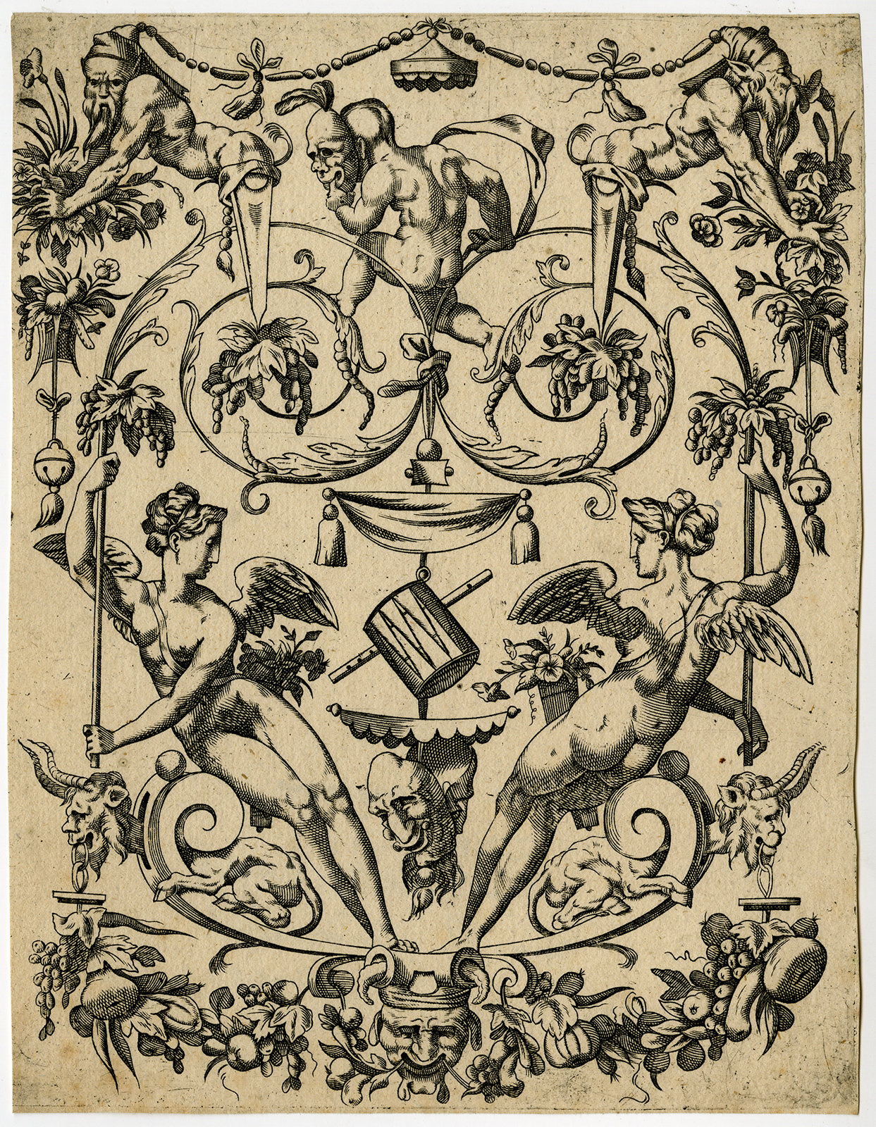 , Rare Antique Print-ORNAMENT-FONTAINEBLEAU-MASK-GENIE-Du Cerceau-Boyvin-ca. 1560, Pictura Antique Prints