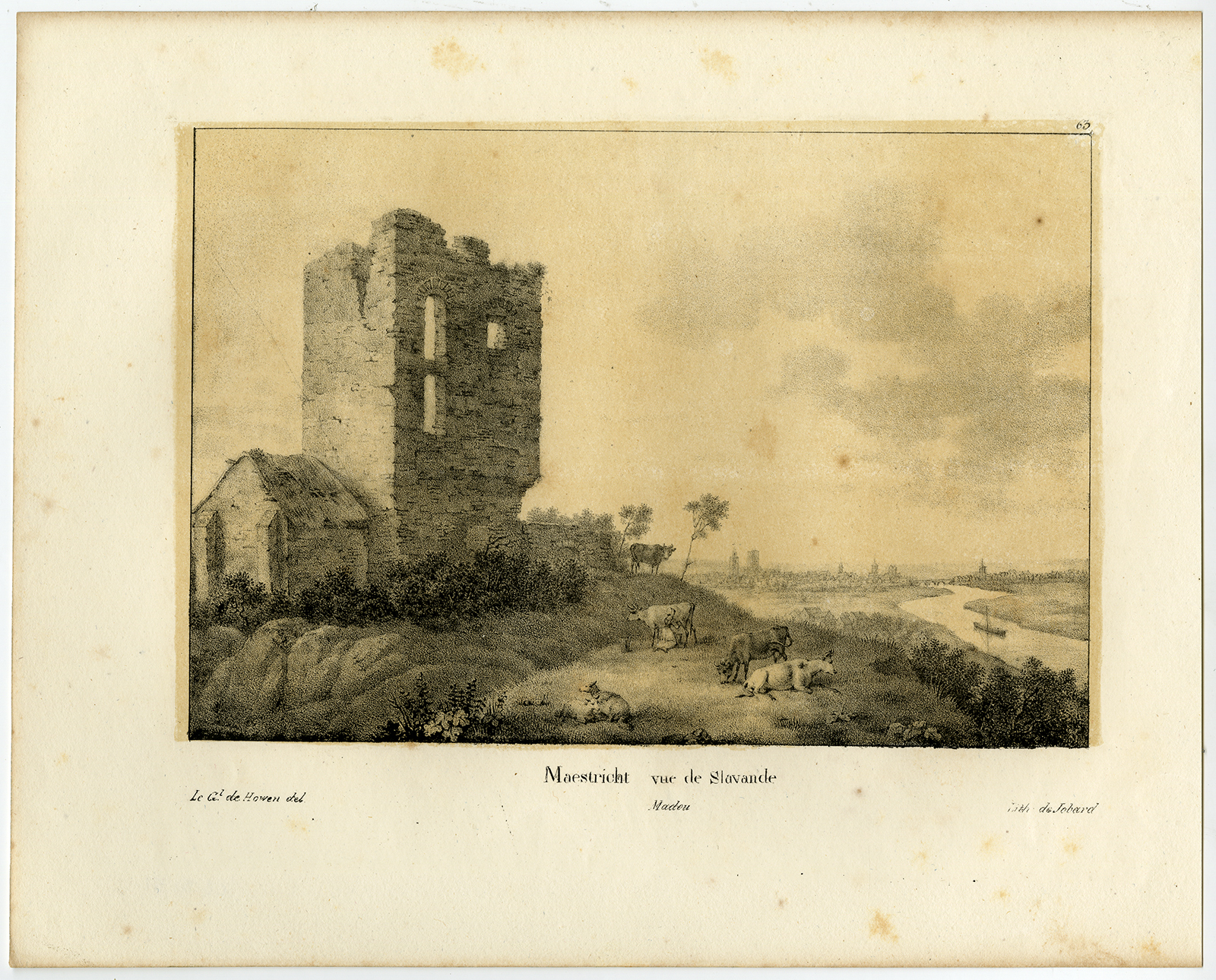 , Antique Print-RUIN-RIVER-MAASTRICHT-SLAVANDE-Howen-Madou-de Cloet-1825, Pictura Antique Prints