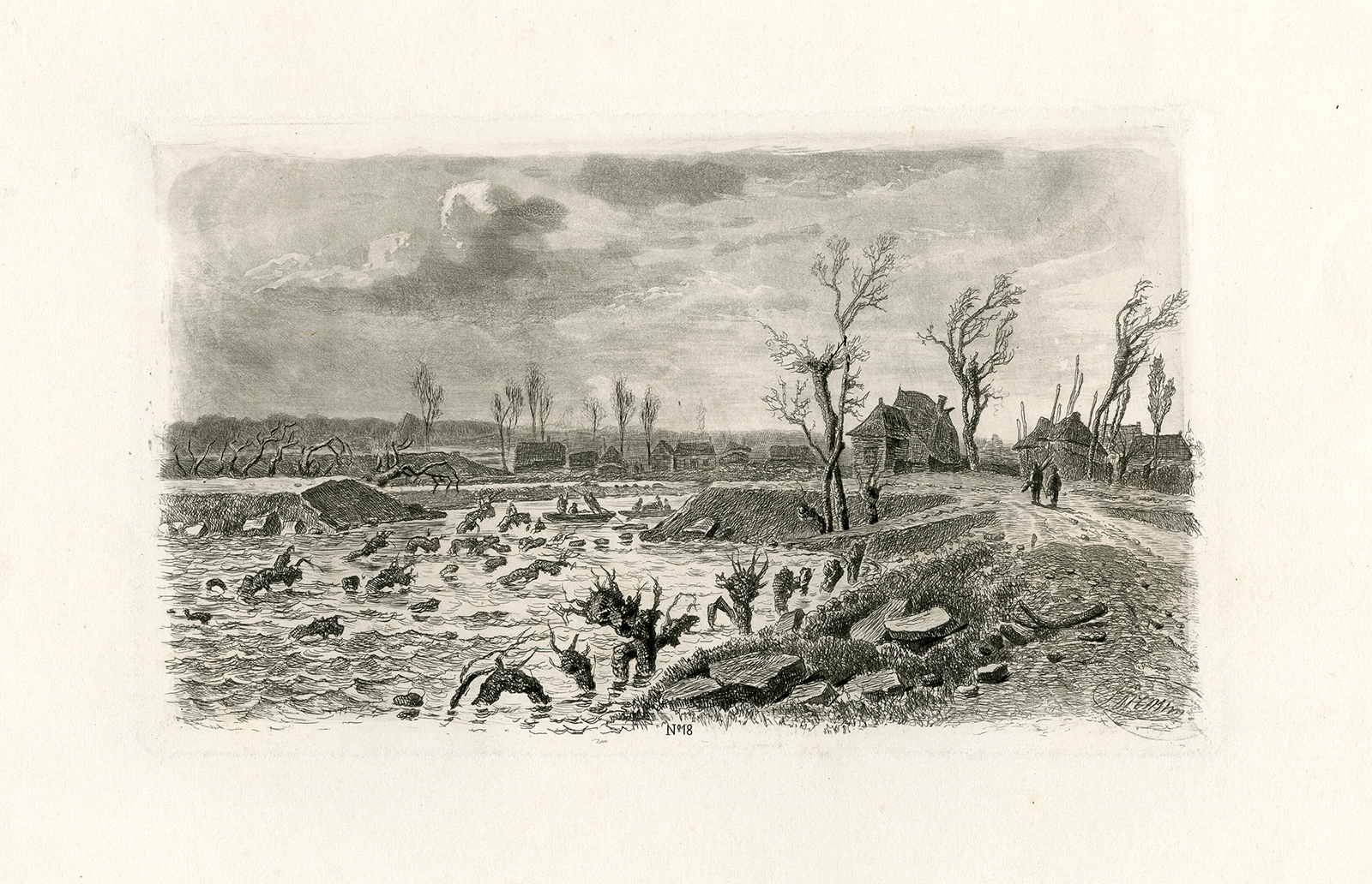 , Antique Print-DYKE BREAKTHROUGH-BANDIJK-BETUWE-LIENDEN-FLOOD-Sorensen-1855, Pictura Antique Prints