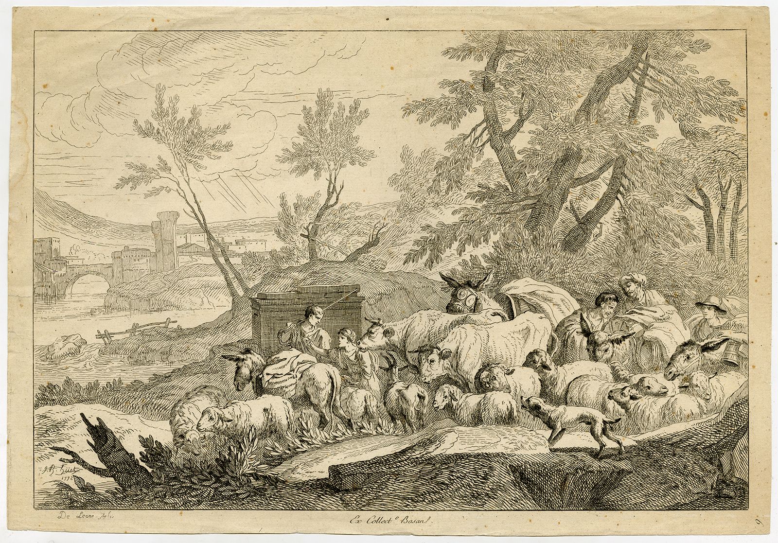 , Antique Print-SHEPHERD-PEOPLE-HERD-SHEEP-MULE-COW-DONKEY-Huet-1792, Pictura Antique Prints