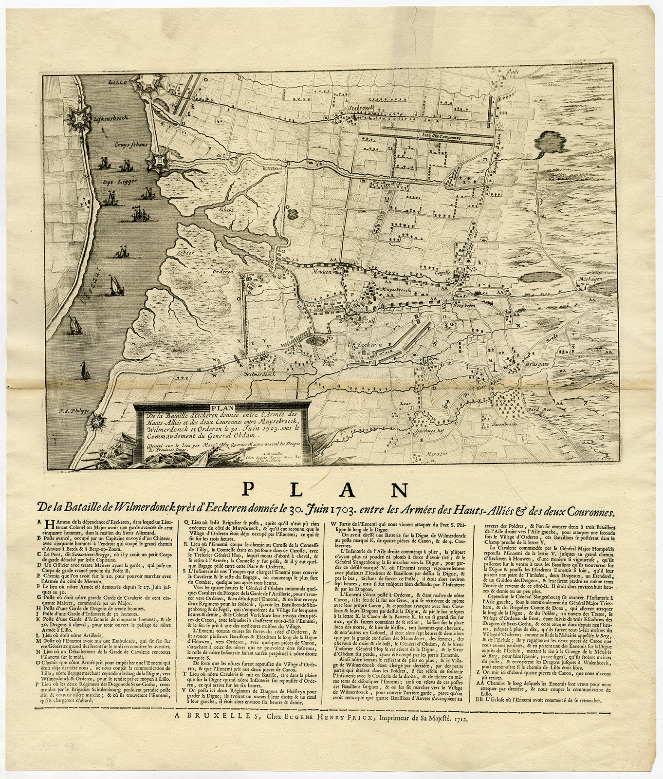 , Antique Map-HISTORY-BATTLE OF EECKEREN-WILMERDONCK-BELGIUM-Harrewijn-1703, Pictura Antique Prints