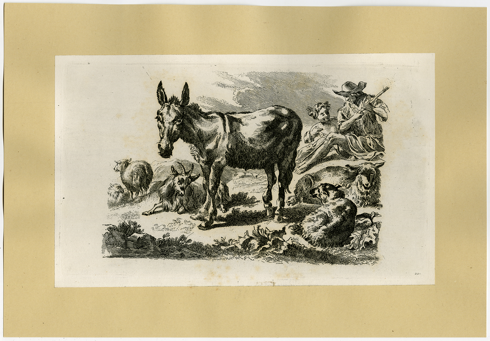 , Antique Print-LANDSCAPE-DONKEY-SHEEP-Berchem-ca. 1770, Pictura Antique Prints