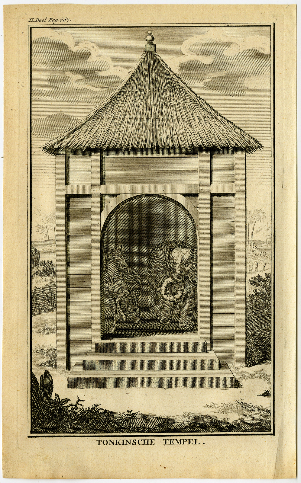 , Antique Print-TONKIN-VIETNAM-TEMPLE-HORSE-ELEPHANT-Tirion-1739, Pictura Antique Prints