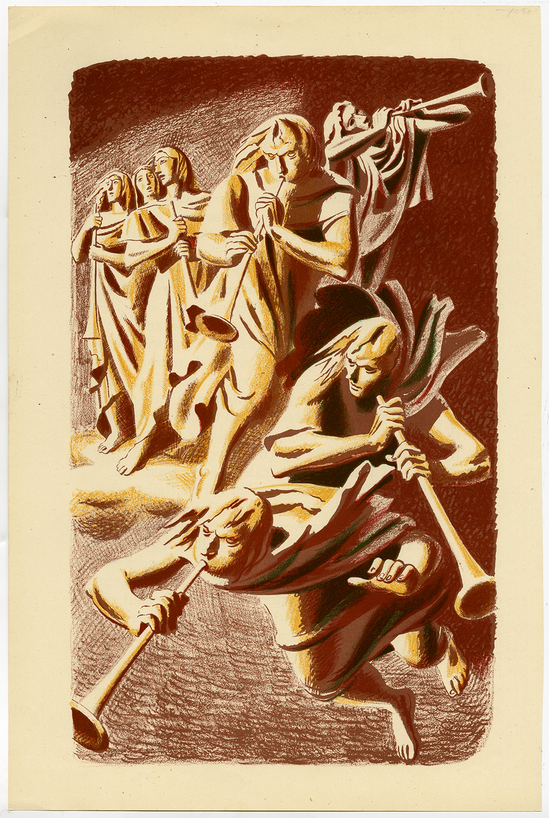 , Original Print-SEVEN ANGELS-TRUMPETS-REVELATION-Feibusch-c. 1950, Pictura Antique Prints