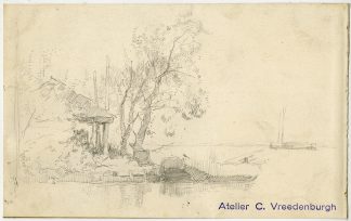 Antique Drawing-LAKE-LANDSCAPE-HAYSTACK-ELDERLY MAN-CIGAR-Vreedenburgh-ca. 1920