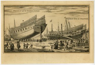 Rare Antique Print-LAUNCH-SHIP-CONSTRUCTION-DOCK-Mortier-1718