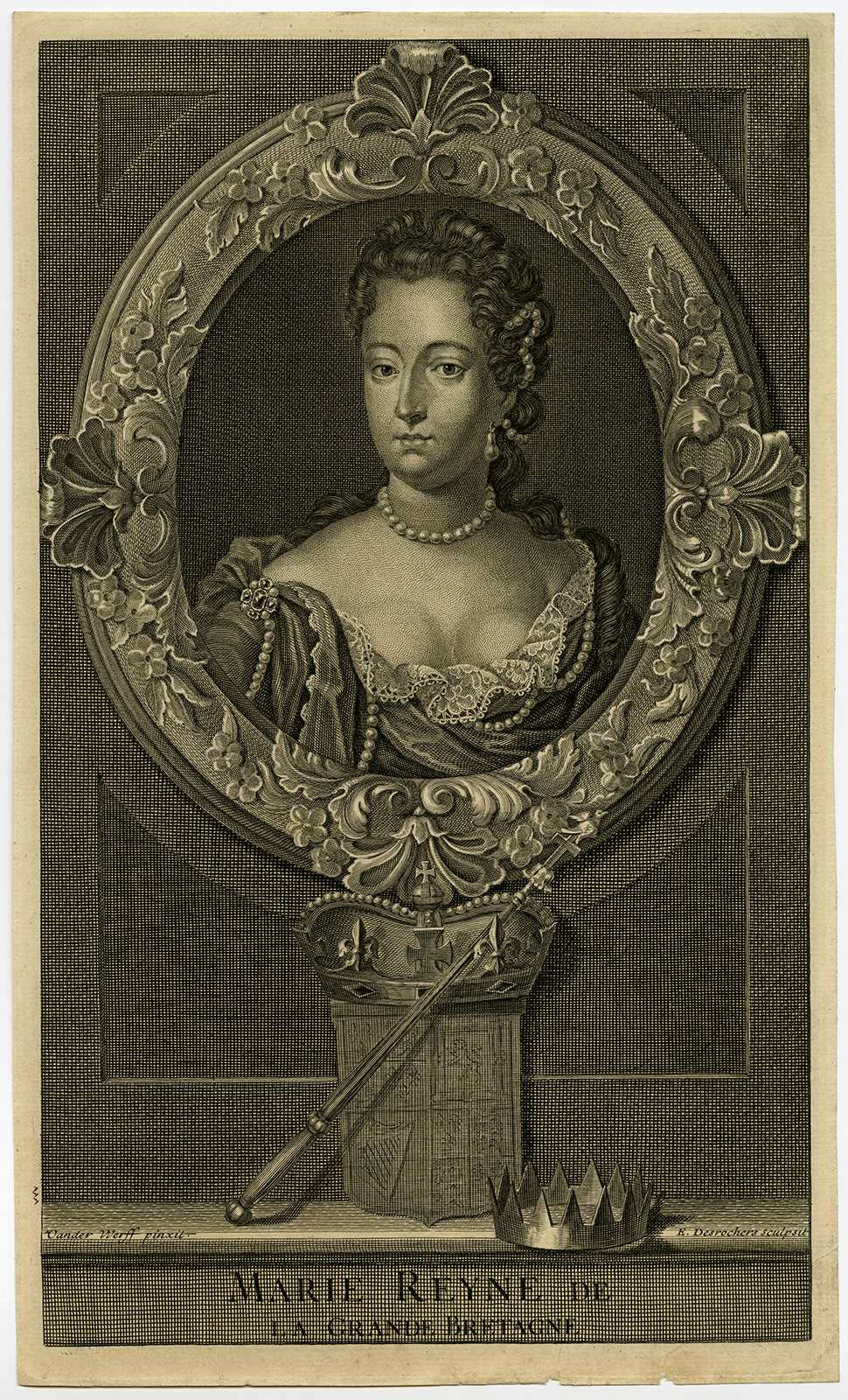 , Antique Print-PORTRAIT-QUEEN MARY-GREAT BRITAIN-van der Werff -Desrochers-1697, Pictura Antique Prints