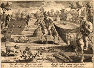 Antique Hunting Print-QUAIL-RABBIT-Stradanus-1636