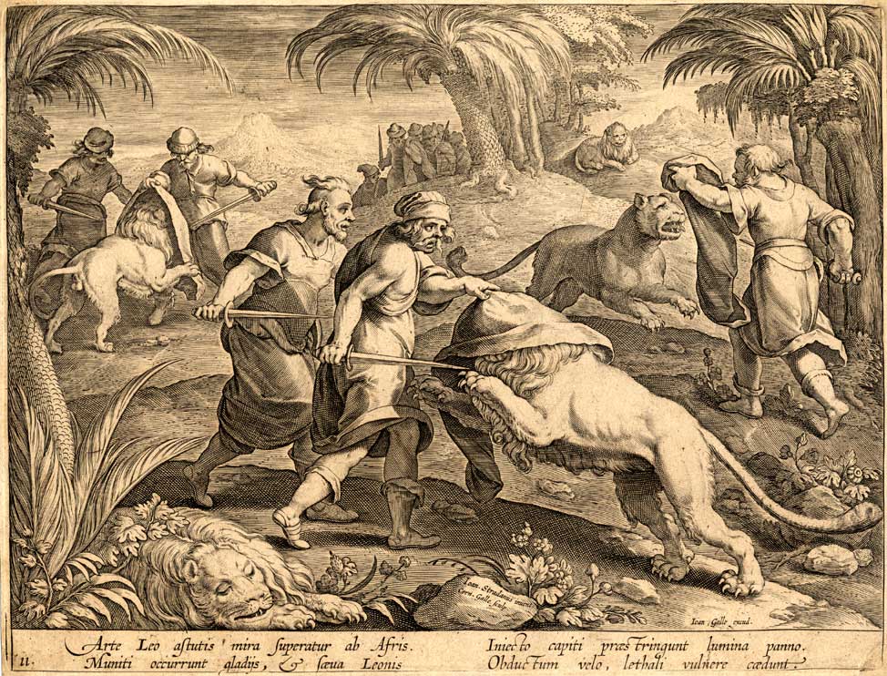 , Antique Hunting Print-LIONS-AFRICA-Stradanus-1636, Pictura Antique Prints