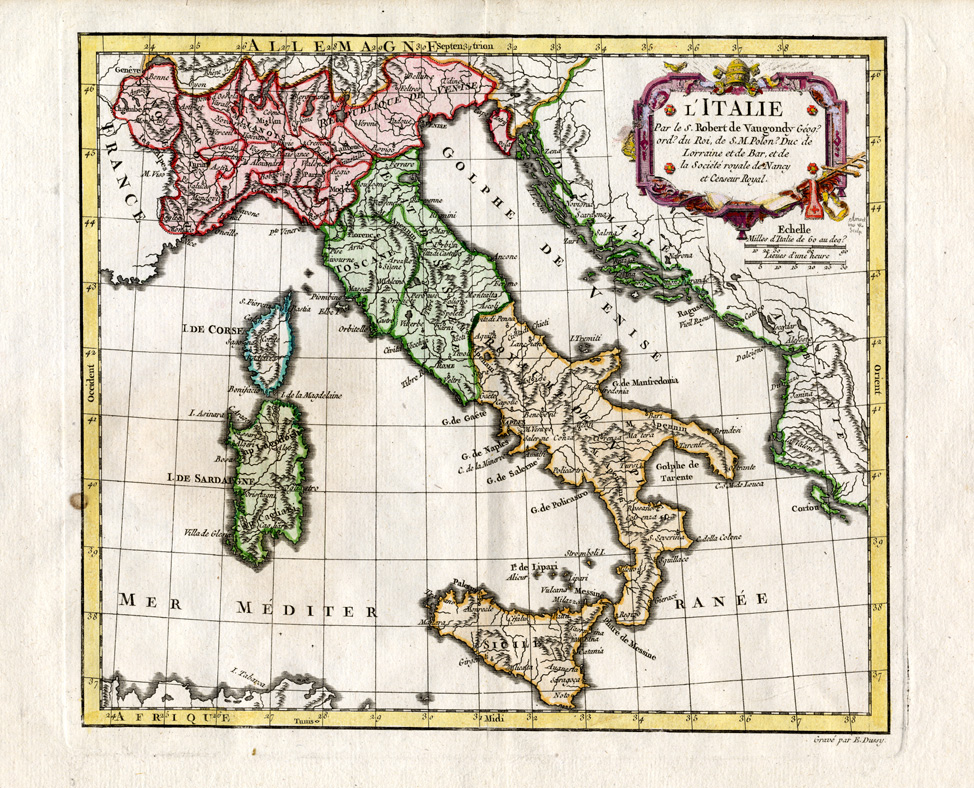 , Antique Map-ITALY-SICILY-SARDINIE-Vaugondy-1778, Pictura Antique Prints
