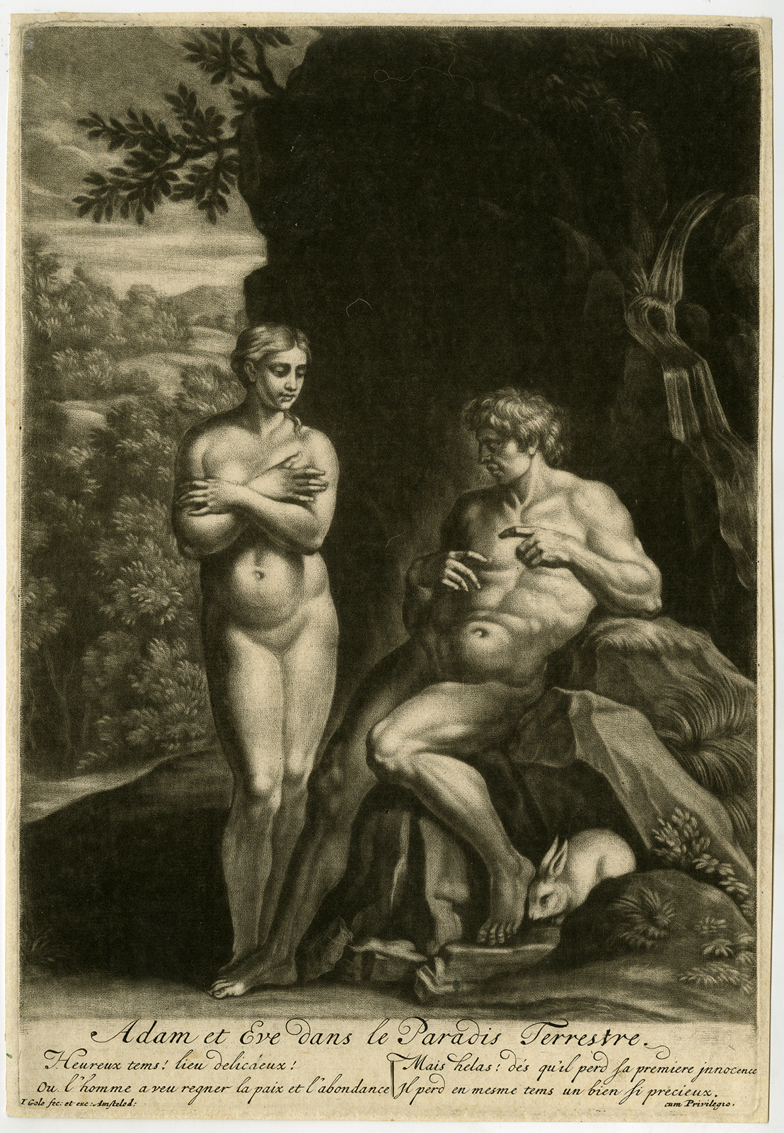 , Rare Antique Print-RELIGION-ADAM & EVE-PARADISE-Gole-ca. 1695, Pictura Antique Prints