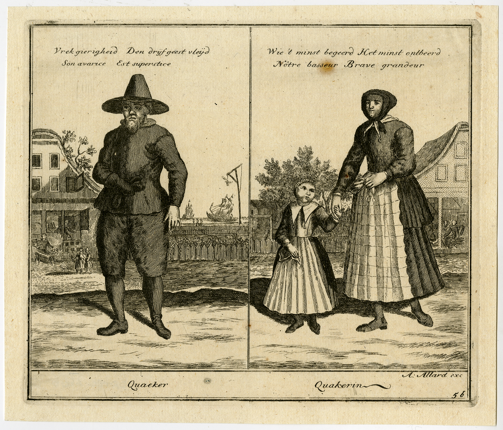 , Antique Print-GENRE-QUACKER-COSTUME-Allard-ca. 1713, Pictura Antique Prints