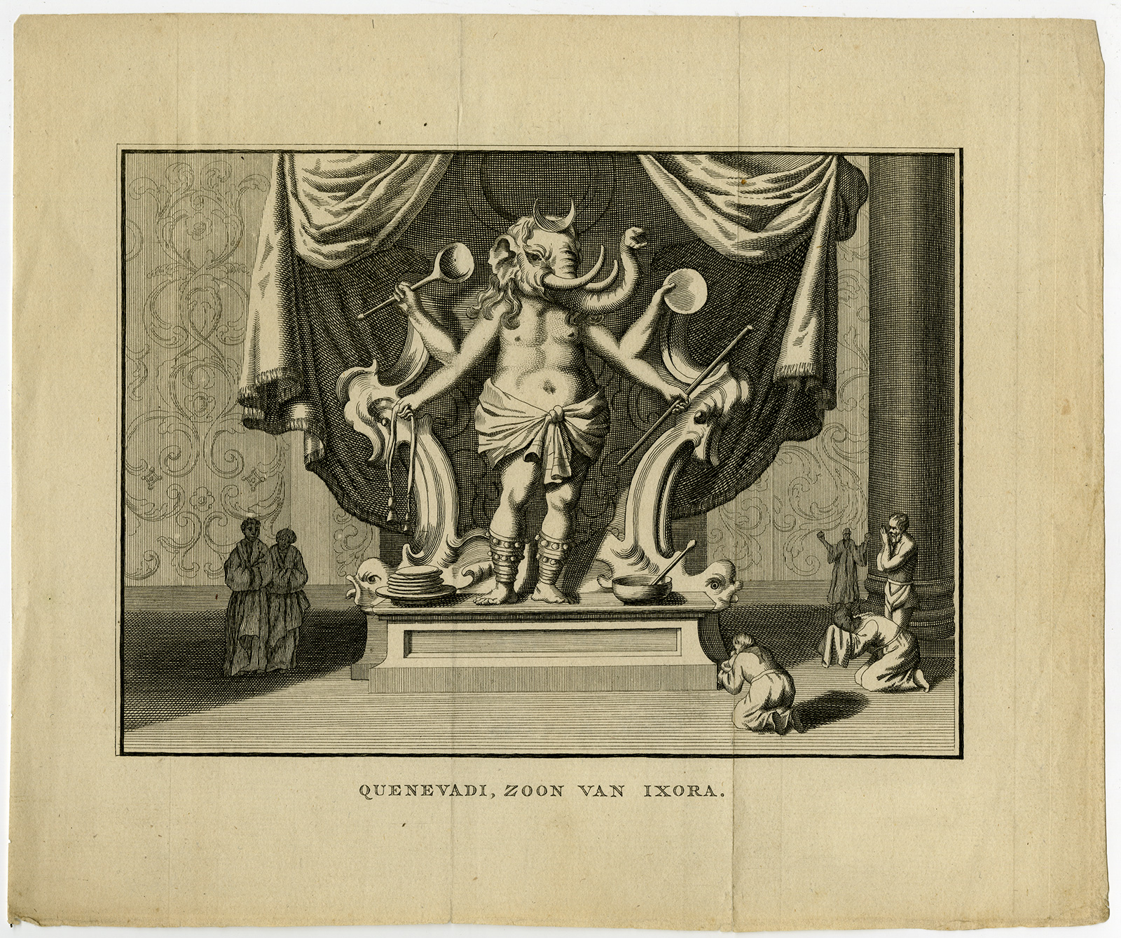 , Antique Print-INDIA-IDOL-DEITY-IXORA-QUENEVADI-ELEPHANT-Hurd-1785, Pictura Antique Prints