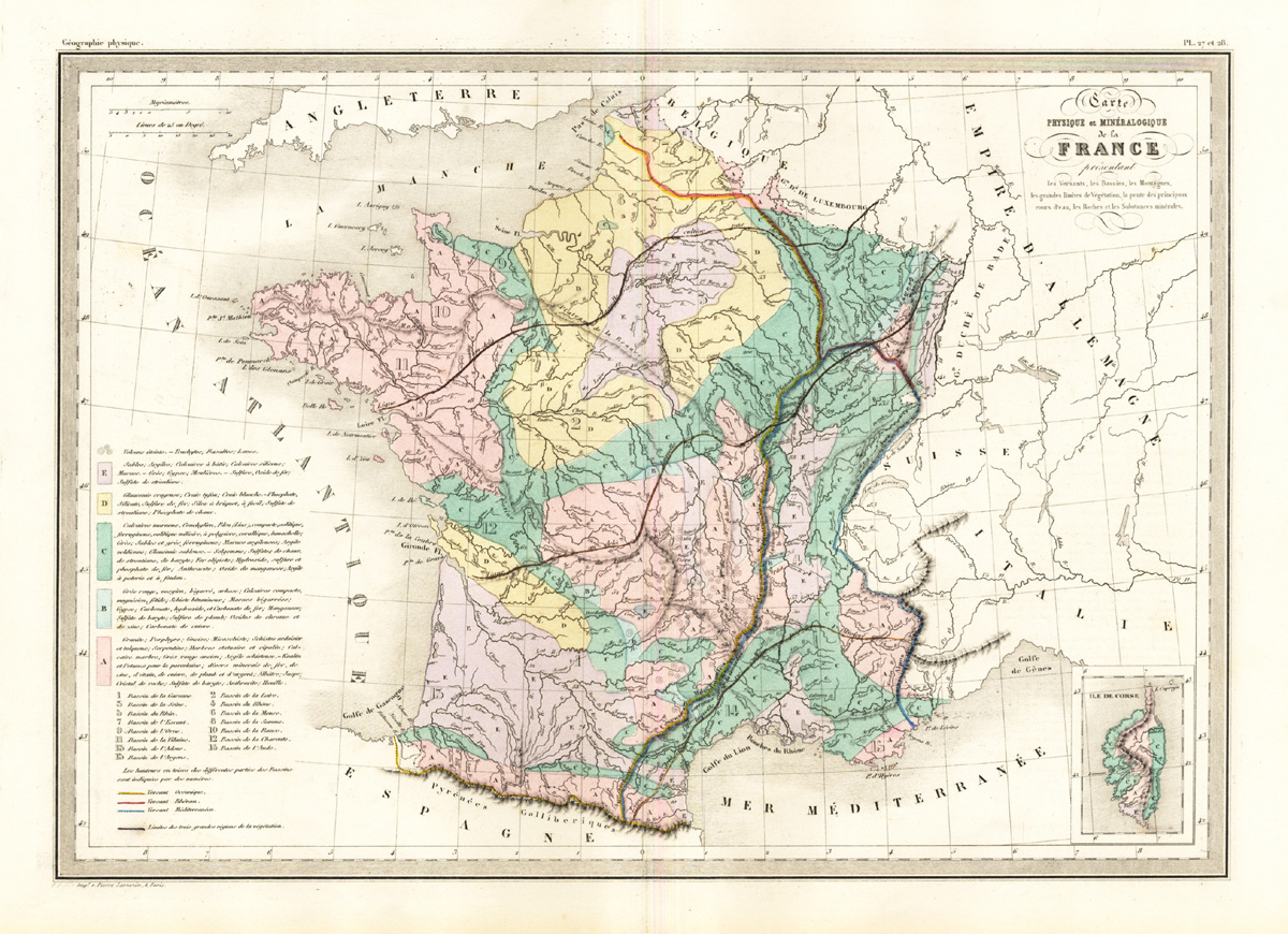 , Antique Map-FRANCE-MINERALS-PHYSICAL-Malte-Brun-Sarrazin-1880, Pictura Antique Prints