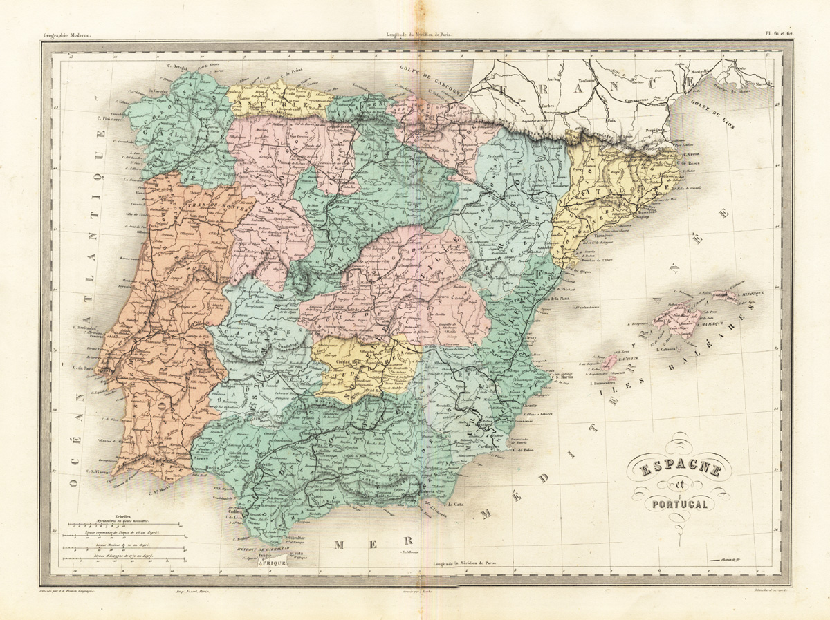 , Antique Map-SPAIN-PORTUGAL-Malte-Brun-Sarrazin-1880, Pictura Antique Prints