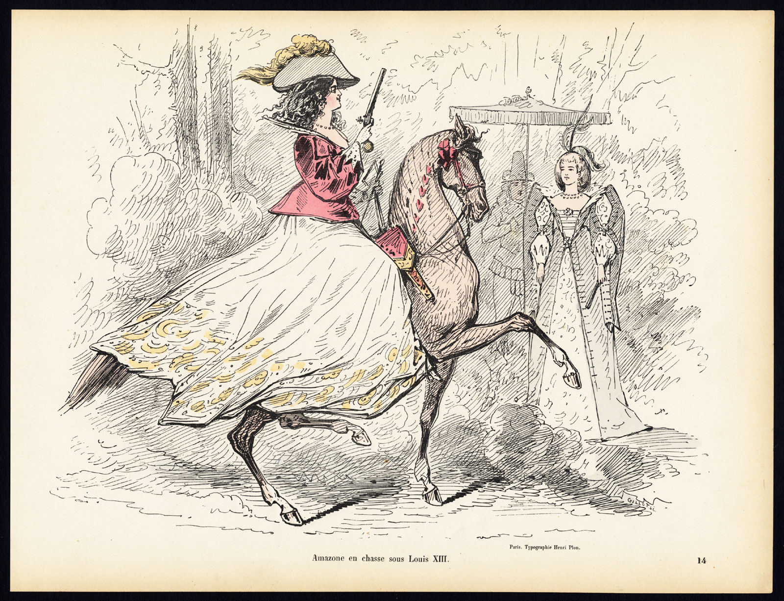 , Antique Print-AMAZON-HORSE-HUNTING-LOUIS XIII-COSTUME-Gillot-Alfred Grevin-1865, Pictura Antique Prints