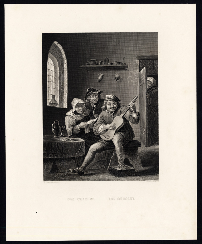, Antique Print-PLAYING MUSIC-STRINGED INSTRUMENT-GUITAR-French-Teniers-1850, Pictura Antique Prints