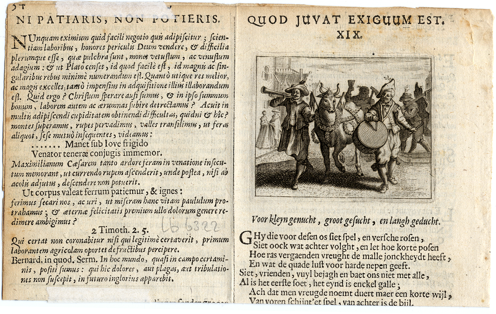, Antique Print-Quarto-PLAYING MUSIC-BULL-STREET MUSICIAN-Jacob Cats-1650, Pictura Antique Prints