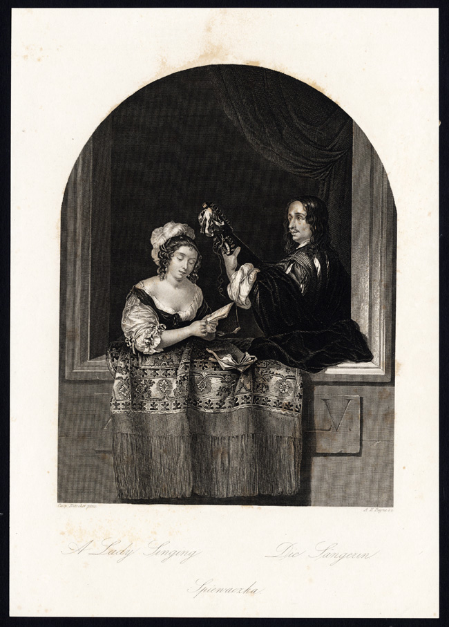 , Antique Print-PLAYING MUSIC-SINGING-STRINGED INSTRUMENT-Payne-Netscher-1850, Pictura Antique Prints
